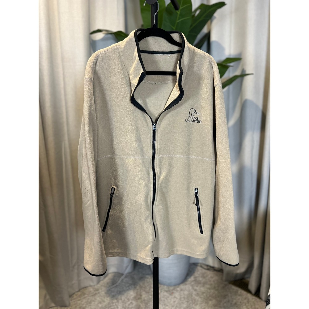 Ducks Unlimited Mens Full Zip Fleece Jacket Tan Beige Mock Neck Logo Medium